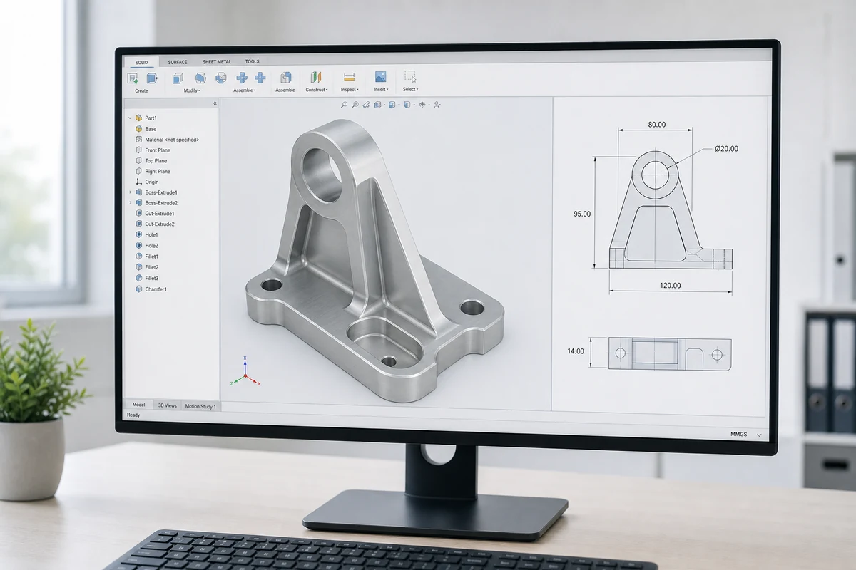 Simple machined bracket displayed in CAD software with engineering views