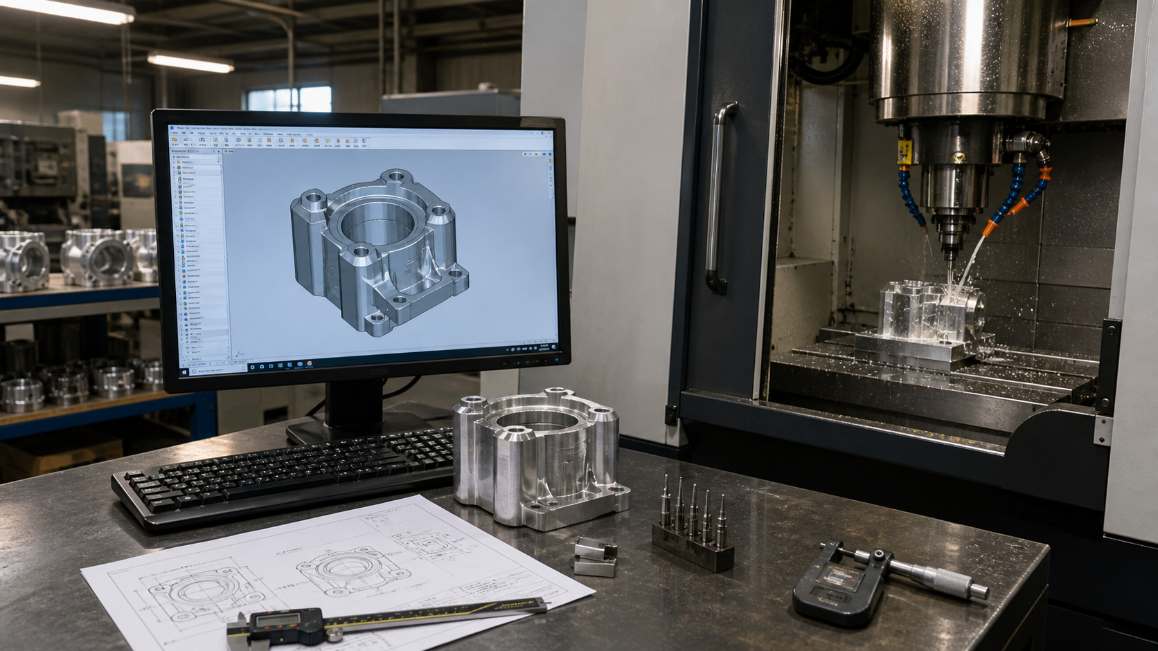 CAD model, engineering drawing, finished machined component, and CNC production equipment