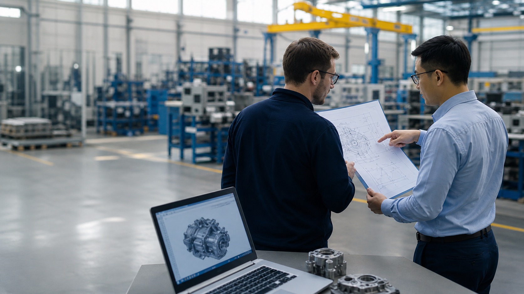 Engineers reviewing drawings on a manufacturing floor